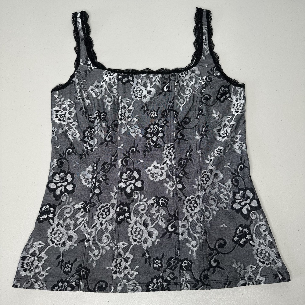 White House Black Market Brocade Tank Top Black Gray‎ Floral Lace Corset Medium